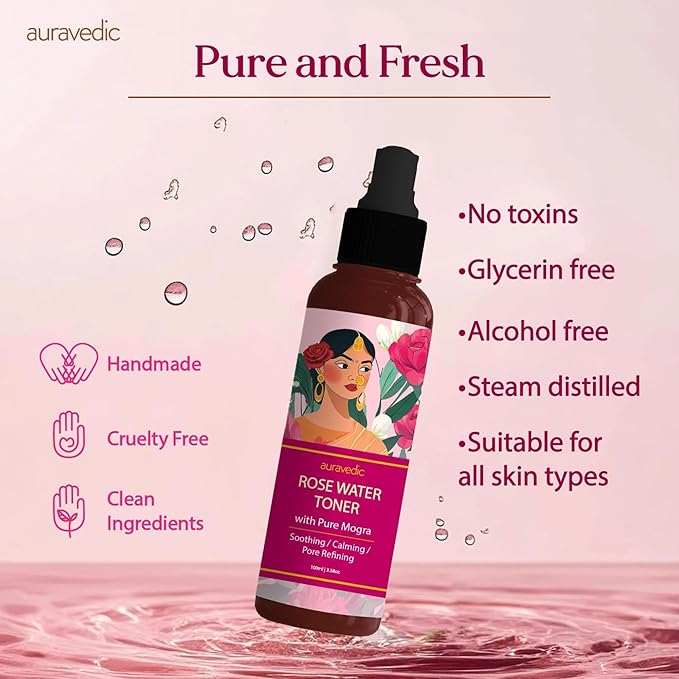 Auravedic Rose Water Toner Spray for Face | Natural Facial Mist for Glowing Skin with Damask Rose | Hydrates, Soothes & Clarifies | Maintains Skin's pH | 3.38 Fl Oz (100ml)