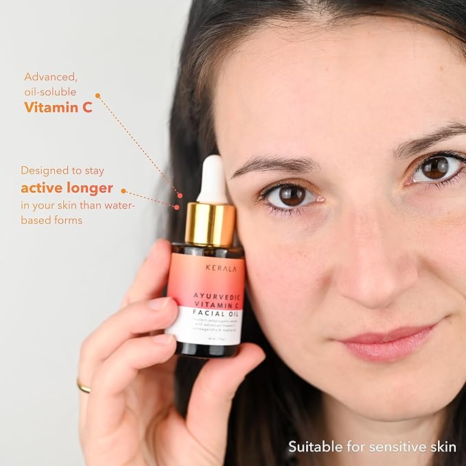 Ayurvedic Vitamin C Face Oil with Rosehip Oil, Bakuchiol, Ashwagandha, and Squalane, Hydrating, Brightening, and Repairing Serum for Dark Spots, Fine Lines, and Wrinkles, Clean Luxury Skincare