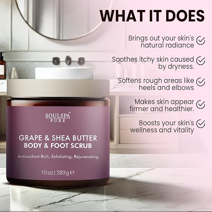 SOULSPA PURE Grape & Shea Butter Body & Foot Scrub - Rejuvenating & Antioxidant Rich Exfoliating Body Scrub for Glowing Skin, 10 oz