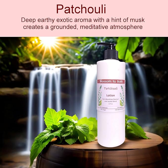 Blossom to Bath Patchouli Lotion (16 ounce) - Pure Essential Oil Fragrance - Absorbs Quickly with a Woodsy Exotic Scent