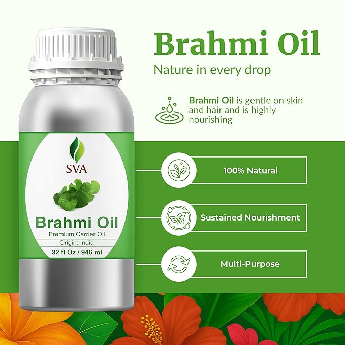 SVA Brahmi Oil - 32 Fl Oz – 100% Natural Cold Pressed Brahmi Oil - for Face, Skin Care, Hair Care, Scalp Massage & Body Massage – Carrier Oil