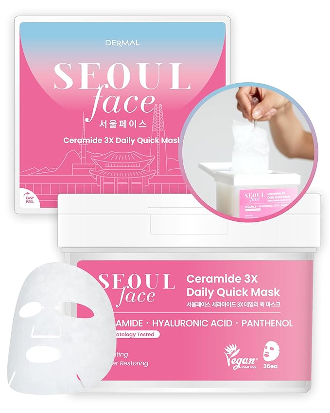 DERMAL Seoul Face Ceramide 5-Min Quick Sheet Mask 36 Count Bulk, Korean Morning Hydrating Pull-Out Dispenser with Tweezers, Skin Barrier Support Face Mask for Makeup Prep, Panthenol Vegan Tencel