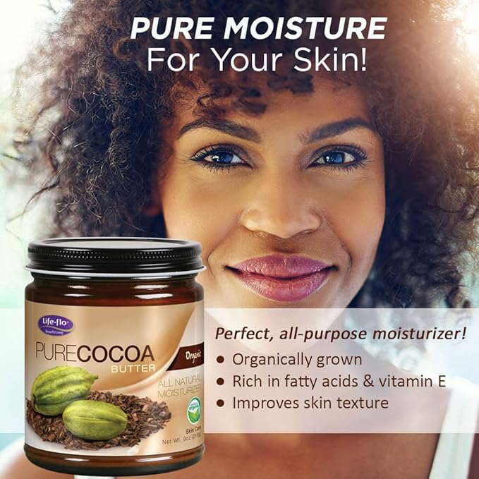 LIFE-FLO Pure Organic Cocoa Butter | Face & Body Moisturizer for Dry Skin & Scalp, Heels, Elbows, Stretch Marks | 9oz