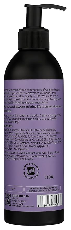 Ayeya Moisturizing Body Lotion – Peace – Calming Lavender & Ginger Oil Blend – Lightweight Vegan Lotion with Shea Butter & Coconut Oil for Dry Skin – 12 Fl Oz