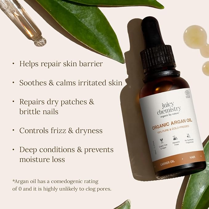 Juicy Chemistry Argan Oil, 30 ml | Pure, Cold-pressed & Organic Argan Oil for Moisturising Skin & Managing Dry, Frizzy Hair | Ecocert Certified Organic for Men & Women | Cruelty-free & 100% Vegan