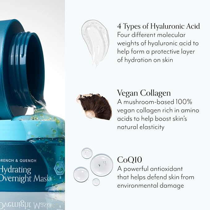 Bliss Drench & Quench Hydrating Overnight Collagen Mask with Hyaluronic Acid - Elasticity & Hydration Face Treatment for Glowing Skin