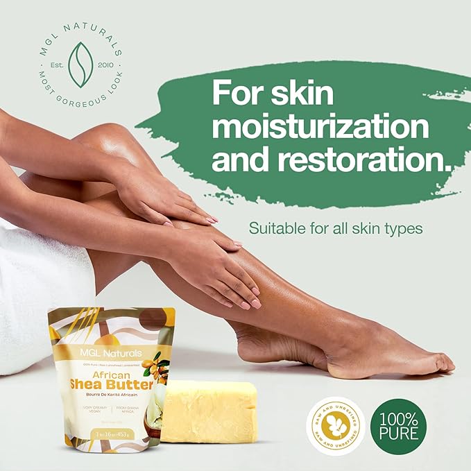 MGL Naturals Raw African Shea Butter Ivory 16oz, 100% Pure, and Unrefined. Nourish and moisturize hair and skin. Use alone or DIY recipes. From Ghana, West Africa. (16 Ounce (Pack of 1))