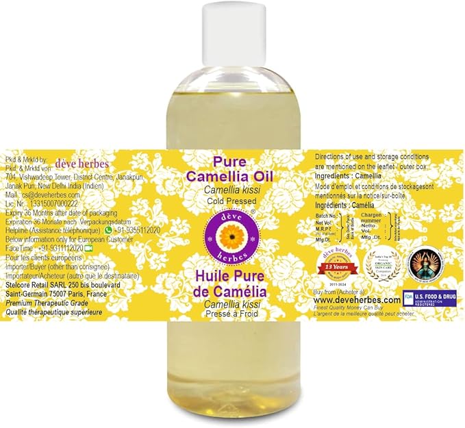 Deve Herbes Pure Camellia Oil (Camellia kissi) Cold Pressed 200ml (6.76 Oz)