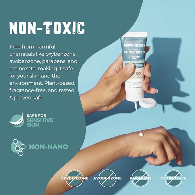 Happy Ocean SPF 30 Reef Friendly Sport Mineral Sunscreen for Face & Body, Non-Nano Zinc Oxide, Natural Organic Non Toxic Mineral Based Coral Reef Safe Sunscreen, Travel Size, Biodegradable 2.5 Fl Oz