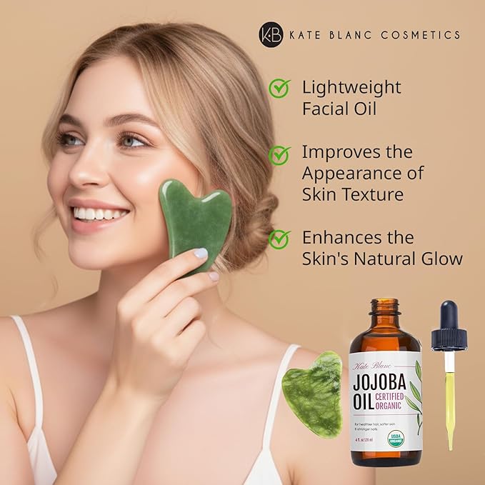 Kate Blanc Cosmetics Jojoba Oil for Hair, Skin & Face with Gua Sha Stone Kit. Gua Sha Oil for Face Massage (4oz, Organic, 100% Pure, Natural)