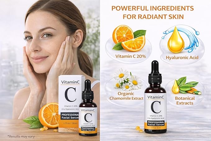 Vitamin C Serum 20% with Hyaluronic Acid - Anti Aging Face Serum, Fine Lines & Wrinkles - Organic Vegan Formula 1 Fl Oz