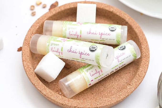 Organic Certified Lip Balm Butter(3 Pack) by Green and Lovely | Chai Spice Lip Oil for Total Hydration and Repair | 0.15 oz Lip Moisturizer Tube made with Premium Organic Ingredients | Heals Quickly