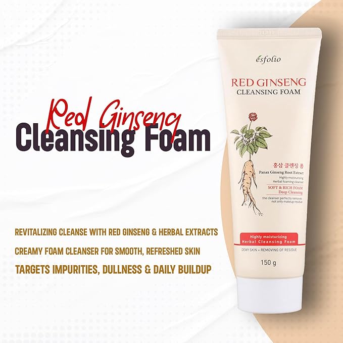 esfolio Red Ginseng Cleansing Foam – Korean Skincare Face Wash with Herbal Extracts – Creamy Daily Cleanser for All Skin Types – Refreshing Foaming Formula – (5.29oz - 150ml)