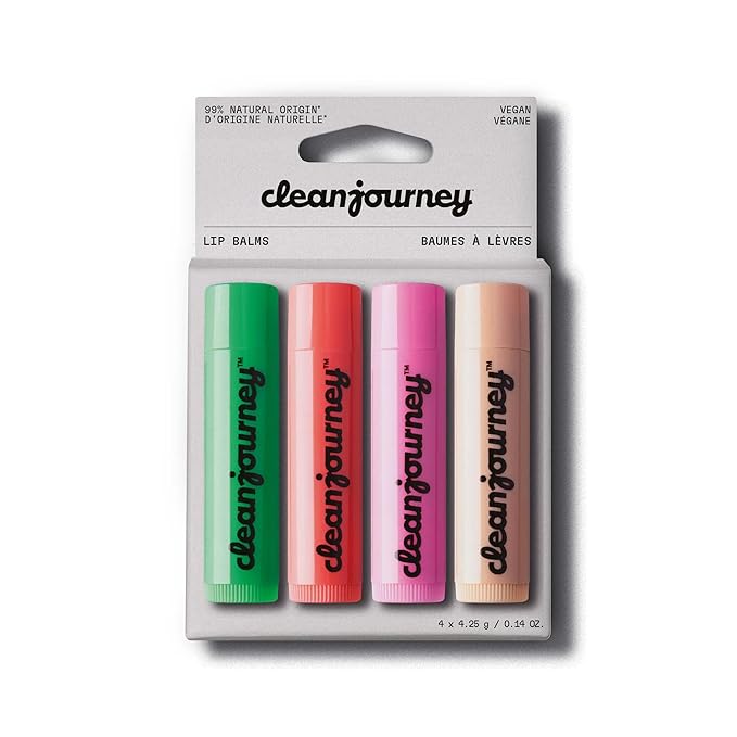 cleanjourney Lip Balm Set, 99% Natural Origin, Nourishes & Protects, Castor Oil, Coconut Oil & Shea Butter, EWG Verified, Vegan, For Dry Lips, Mint, Raspberry, Exotic & Coconut, 0.14 Oz (Pack of 4)