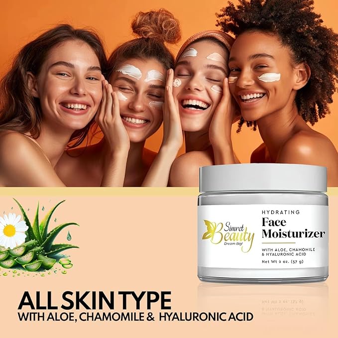 Hydrating Face Moisturizer - Daily Face Cream with Hyaluronic Acid, Vitamin E & C, Chamomile & Aloe for Oily, Acne-Prone, and Sensitive Skin - Vegan, Cruelty-Free, 2 oz