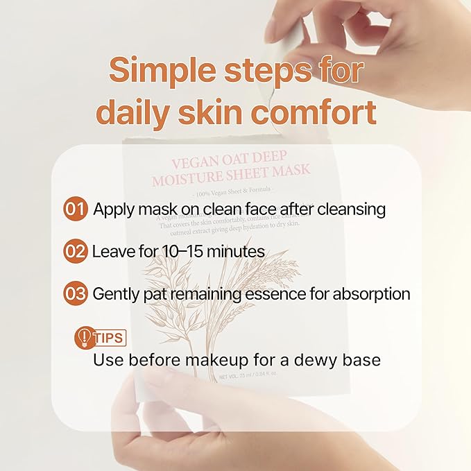 Vegan Oat Deep Moisture Sheet Mask, pH Balanced with Rice & Oat Extracts, Hyaluronic Acid, Plant-Based Microfiber, 5 Sheets