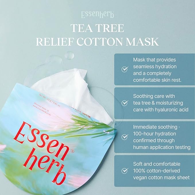 Tea Tree Relief Cotton Mask, Soothing & Hydrating, Vegan, Korean Skin Care Face Mask 23g*5sheets