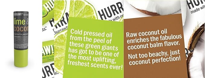 Hurraw! Lime & Coconut Lip Balm: Plastic-Free with new cardboard push-up tube. Certified Organic, 100% Natural Origin, Vegan, and Cruelty Free. Gluten Free. Bee, Shea, Soy and Palm Free. Made in USA