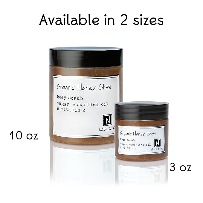 Organic Honey Shea Body Scrub Made in USA with Essential Oil and Vitamin C by Nabila K - Exfoliate and Moisturize for Smooth Skin - Luxury for Women & Men, 10 oz