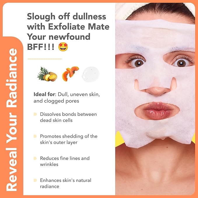 Patchology Exfoliating Face Mask - Exfoliate Mate Sheet Mask with Papaya and Pineapple gently unclogs pores and brightens skin, Lactid Acid (AHA) helps reduce fine lines and wrinkles (1 Mask)