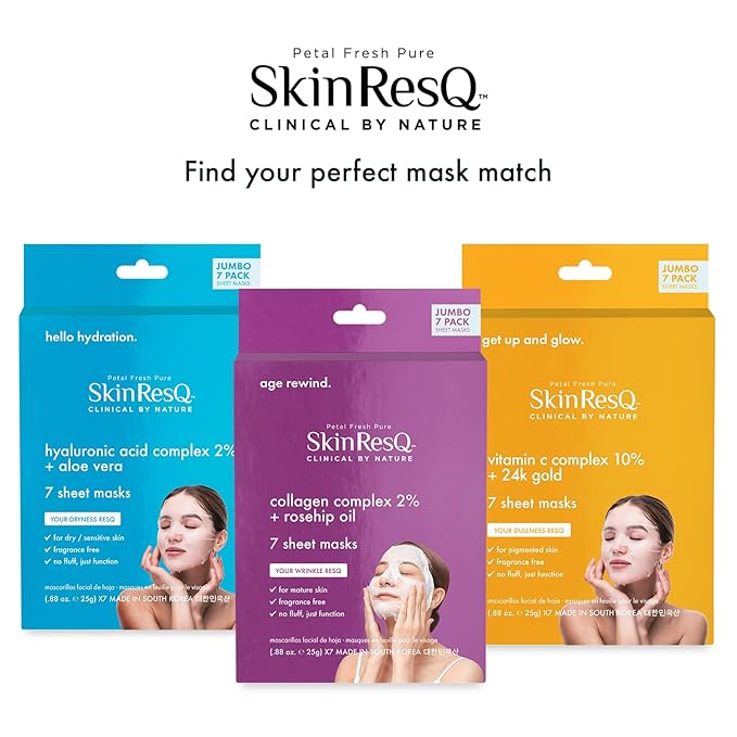 Petal Fresh Skin ResQ Get Up & Glow Sheet Mask with Vitamin C Complex 10% + 24k Gold, JUMBO 7 Pack, Brightening Korean Face Mask, Evens Tone, Radiance Boost, Fragrance-Free, Vegan, Cruelty-Free