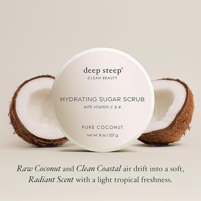 Deep Steep Sugar Scrub, Pure Coconut, 8 oz – Exfoliating Body Scrub with Organic Coconut Oil, Shea Butter & Argan Oil – Vegan, Clean Beauty, Smooth, Soft & Nourished Skin
