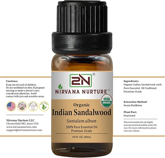 Indian Sandalwood Essential Oil, USDA Certified Organic, 100% Pure Undiluted, Aromatherapy Oil for Diffuser, Hair & Skin Care
