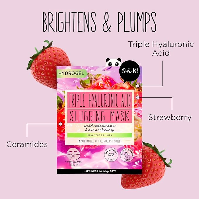 Oh K! Triple Hyaluronic Acid Slugging Mask with Ceramides and Strawberry, Brightens and Plumps, K Beauty, Biodegradable, Vegan and Cruelty Free, 33g