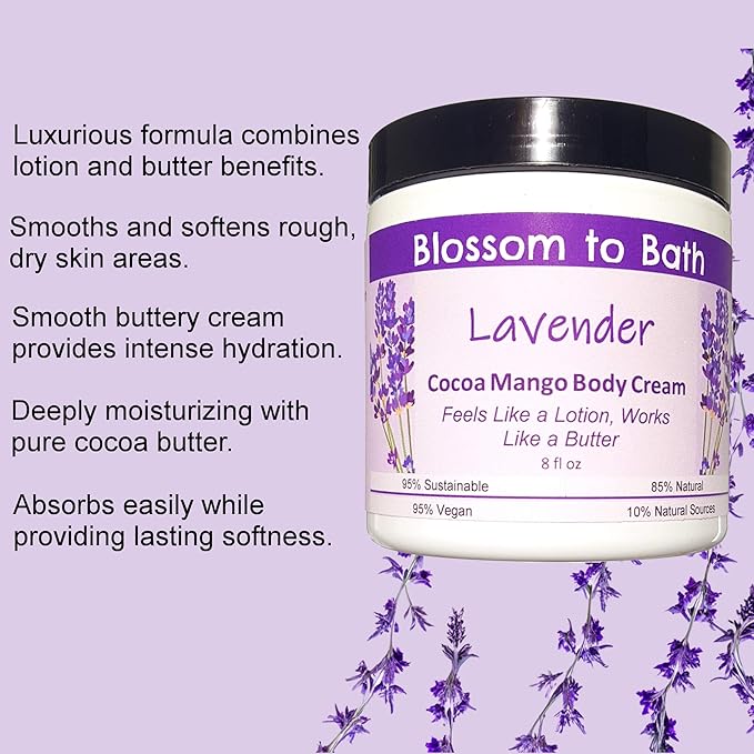 Blossom to Bath Lavender Cocoa Mango Body Cream (8 Ounce) - Pure Essential Oil Fragrance - Feels Like A Lotion And Works Like A Butter with a Relaxing Comforting Scent