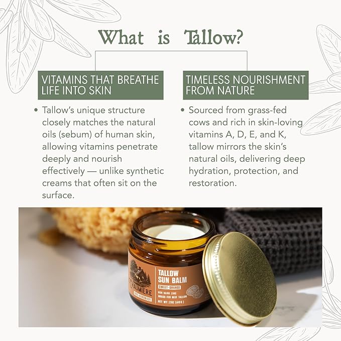 Sweet Orange Tallow Sunscreen SPF 50 – Grass-Fed Beef Tallow Balm with Carrot Seed Oil & Non-Nano Zinc – Organic Face & Body Moisturizer, Reef Safe, Naturally Scented – 2.5oz x3, Made in USA