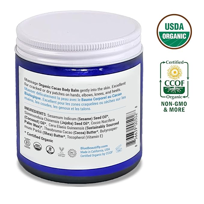 Blue Beautifly USDA Certified Organic Cacao Body Butter Balm - Soothes. Softens. Moisturizes. - Restores Dry, Chaffed, Cracked Skin - With Shea Butter, Cocoa Butter, and Vitamin E Oil - 4 fl oz