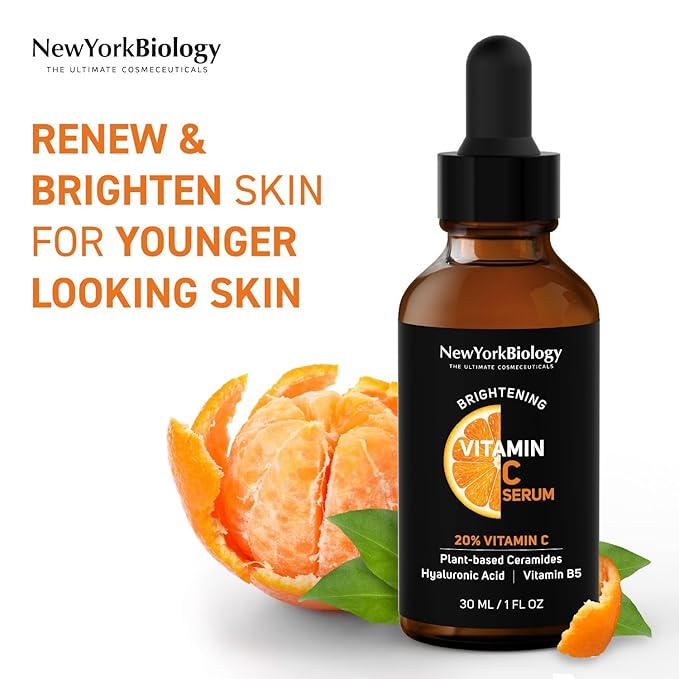 New York Biology Vitamin C Serum for Face with Hyaluronic Acid and 20% Vitamin C - 1 Fl oz – Moisturizing Anti Aging Face Serum for Dark Spots, Dark Circles, Fine Lines and Wrinkles