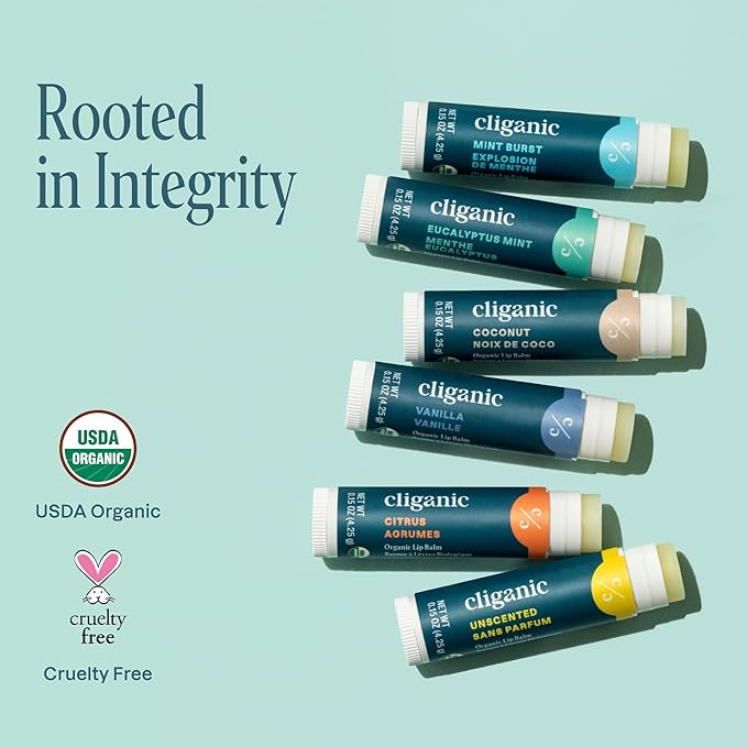 Cliganic Organic Lip Balm Set (6 Flavors) - 100% Natural Hydrating, Moisturizing for Dry Cracked Lips, Stocking Stuffer Gift for Men & Women