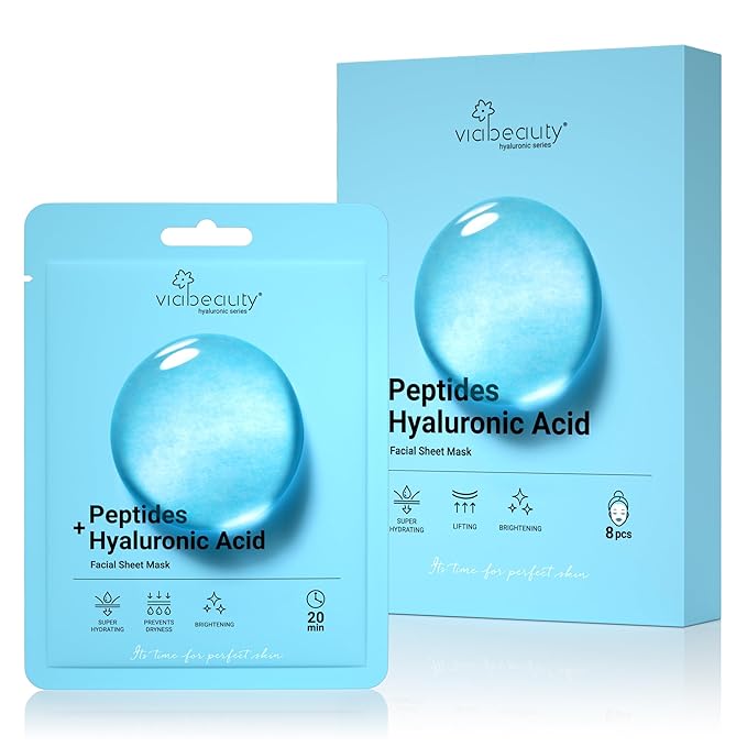 VIABEAUTY 8 Pack Hyaluronic Acid Face Mask with Peptides Complex - Deep Hydrating & Brightening Facial Sheet Mask - Moisturizing Face Masks Skincare Facial Sheets for All Skin Types