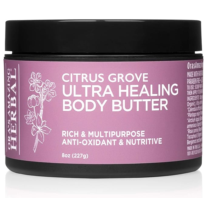 Ora's Amazing Herbal Ultra Healing Body Butter, Intensive Moisturizer For Dry Skin, Marjoram & Bergamot Essential Oil, 8 oz, Citrus Grove Scent