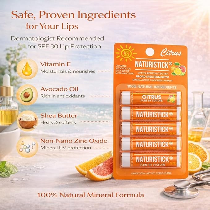 Naturistick UV Pro® Mineral SPF 30 Lip Balm – Citrus (5-Pack), Broad Spectrum Sun Protection
