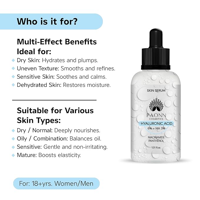 Hyaluronic Acid Serum for Face, Deep Hydration & Plumping, Lightweight, No Fragrance, Skin Smoothing, Moisture-Locking Effect