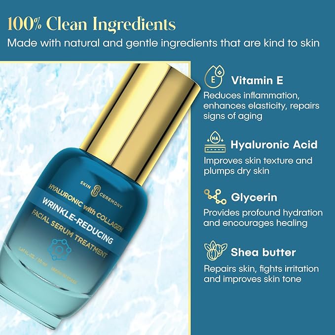 Hyaluronic Acid & Collagen Wrinkle Reducing Serum - Deep Hydration, Plumps & Smooths Skin - Dermatologist Tested, Clean Beauty, Korean Skin Care - 1.69 FL.OZ.