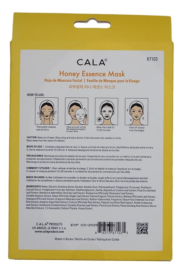 Cala Honey Essence Facial Sheet Masks, 5 Pack - Illuminating Vitamin B3 (Niacinamide) Face Masks, Ultra-Thin 5-Min No-Rinse Hydrating Sheets for Dry, Dull Skin