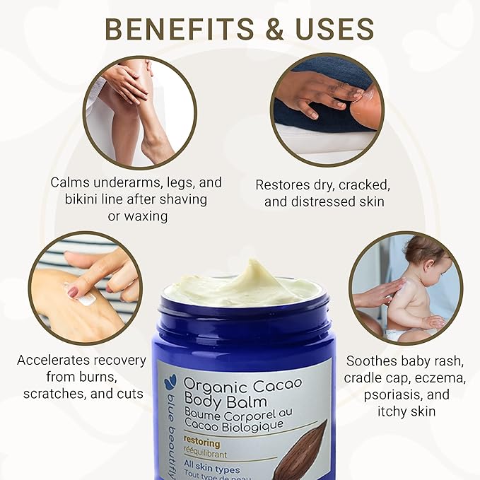 Blue Beautifly USDA Certified Organic Cacao Body Butter Balm - Soothes. Softens. Moisturizes. - Restores Dry, Chaffed, Cracked Skin - With Shea Butter, Cocoa Butter, and Vitamin E Oil - 4 fl oz