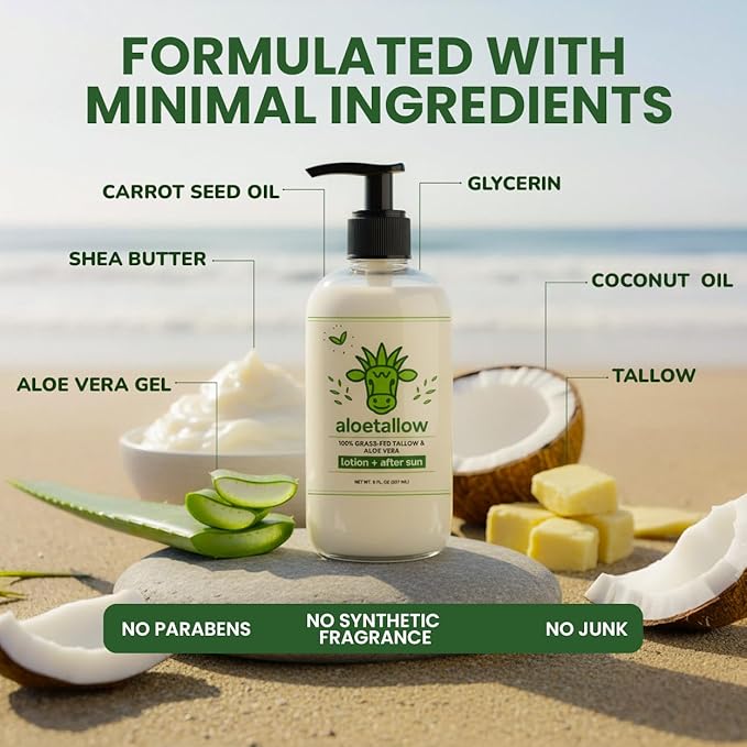 Beef Tallow Body Lotion with Aloe Vera - Grass-Fed Moisturizer for Dry Sensitive Skin, Face and Body - Non-Greasy After Sun Tan Extender, 8oz Pump