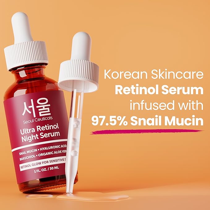 SeoulCeuticals 1% Korean Retinol Night Serum for Face - 97.5% Snail Mucin + Hyaluronic Acid + Bakuchiol, Cruelty Free K Beauty for Sensitive Skin 1oz (Pack of 2)