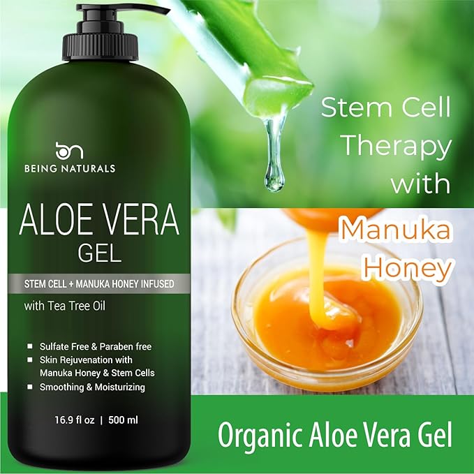 Aloe vera Gel - from 100% Pure Organic Aloe Infused with Manuka Honey, Stem Cell, Tea Tree Oil - Natural Raw Moisturizer for Face, Body, Hair. Perfect for Sunburn, Acne, Razor Bumps 16.9 fl oz