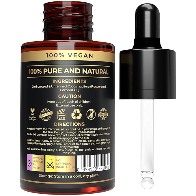Plant Based Fractionated Coconut Oil - Liquid Coconut Oil for Hair, Skin and Body | Perfect Carrier Oil for Essential Oils - 100% Pure, Natural and Versatile - Ideal for Hair, Face, Body Care