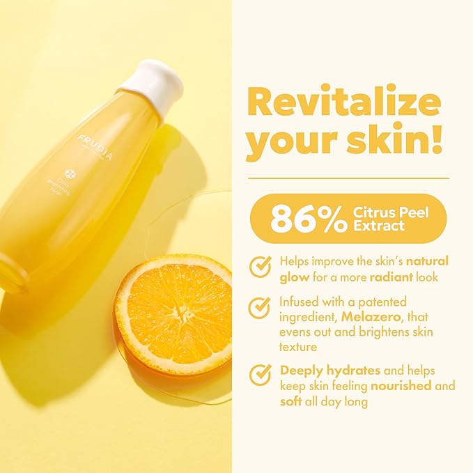 FRUDIA Citrus Brightening Face Toner (6.59 fl oz) - Vitamin C Korean Toner with Mandarin Peel Extract, Vitamin C & Mela-Zero for Dark Spots & Radiance, and Skin Brightening | Vegan and Cruelty Free