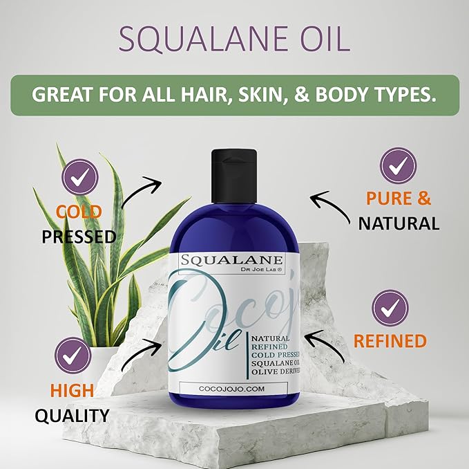 Dr Joe Lab Squalane Oil Pure Plant Derived Refined Cold Pressed Squalene From Olives Vegan Undiluted Bulk Carrier Oil for Face Skin Hair Body Cosmetics Natural Cleanser Moisturizer (4 oz)