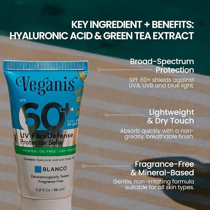 Sunscreen SPF 60 White Tone – Hyaluronic Acid & Green Tea – Broad-Spectrum Face Sunscreen for Daily Use – Hydrating Dry-Touch Non-Greasy Vegan Formula