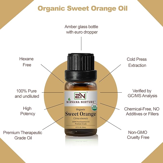 Sweet Orange Essential Oil, USDA Certified Organic, 100% Pure Undiluted, Aromatherapy Oil for Diffuser, Hair & Skin Care