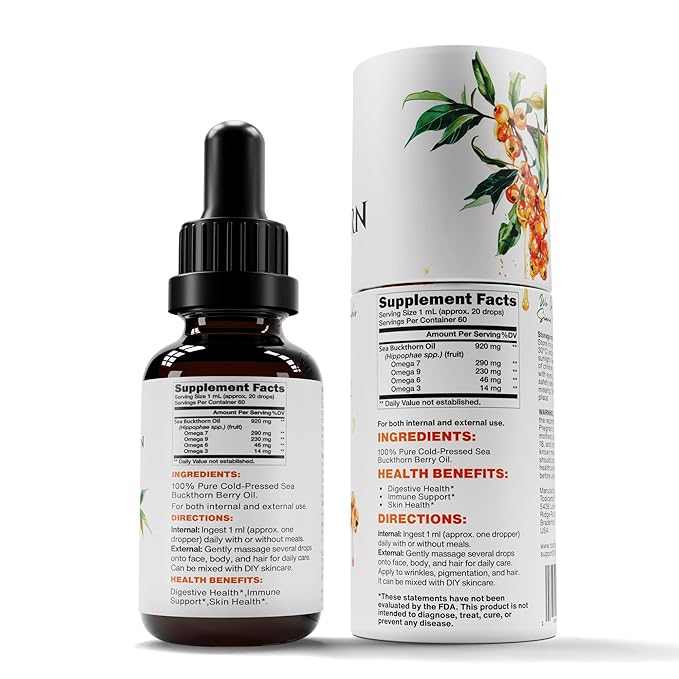 TODICAMP Sea Buckthorn Berry Oil 2 fl oz Omega 7 Vegan Omega 3 6 9 Sea Buckthorn Oil for Face, Skin, Eyes & Postemonapuse Dryness