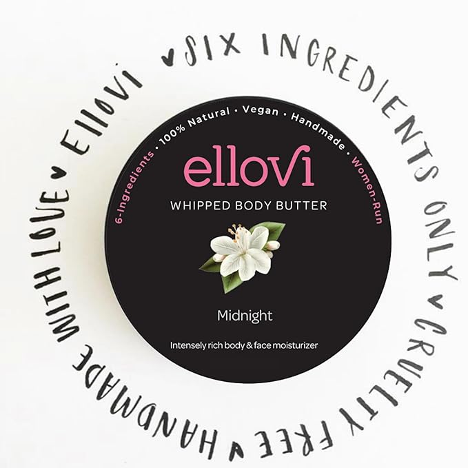 Ellovi All-Natural Luxuriously Whipped Body Butter - Midnight - Pure Enough to Eat - Made With Just 6 Vegan Ingredients - 100% Plant-Based Luxury Moisturizer For Naturally Healthy Skin (2 fl. oz/59ml)